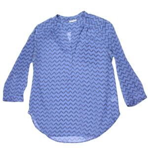 Plione blouse cornflower blue tunic sheer lightweight zig-zag hippie size L